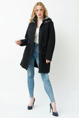Lange Damen Lammfelljacke mit Kapuze in schwarz mit Reißverschluss