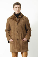 Herren Lammfelljacke mit doppelkragen in Pelzvelour Toupe mit Reißverschluss hochschließbar