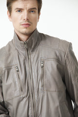 Herren Lederjacke Lammnappa in Taupe hochschließbar mit Brusttaschen und Reißverschluss