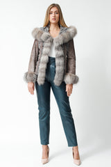 Exklusive echte Damen Leder Lammfelljacke Mix Grau mit Kapuze und Silberfuchsverbrämung