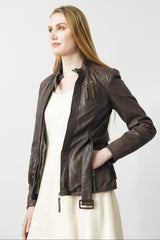 sportliche echte Lederjacke für Damen aus Lammnappa braun mit Gürtel