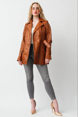 Taillierte Damen Lederjacke Lammnappa in Cognac Vintage Look mit Gürtel