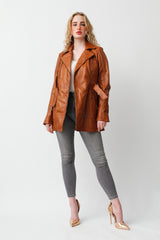Taillierte Damen Lederjacke Lammnappa in Cognac Vintage Look mit Gürtel