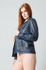 Taillierte Damen Lederjacke mit Reißverschluss in Lammnappa Navy Blue ungefüttert