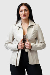 Halblange taillierte echte Damen Lederjacke mit Gürtel aus Lammnappa beige
