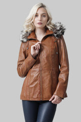 Damen Lederparka aus Lammnappa cognac abnehmbarer Kapuze und Pelzrand