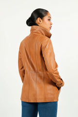 Halblange Damen Lederjacke aus Lammnappa in cognac tailliert mit Reißverschluss