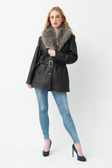 Echte halblange Damen Lederjacke Lammnappa gecrasht schwarz mit großen Silberfuchskragen