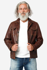 Halblange echte Herren Lederjacke aus Lammnappa Braun antik vintage Look