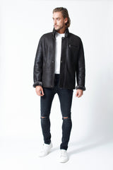 Leichte Halblange Herren Lammfell Jacke nappiert in dunkel Braun mit Stehkragen