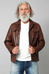 Halblange Herren Lederjacke aus Lammnappa Braun antik vintage Look