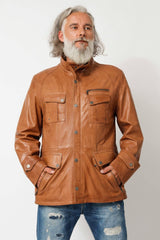 Sportlicher Herren Lammnappalederparka in Cognac washed Look unwattiert mit Stehkragen