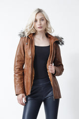 Damen Lederparka aus Lammnappa cognac abnehmbarer Kapuze und Pelzrand