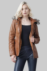 Damen Lederparka aus Lammnappa cognac abnehmbarer Kapuze und Pelzrand