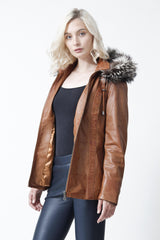 Damen Lederparka aus Lammnappa cognac abnehmbarer Kapuze und Pelzrand
