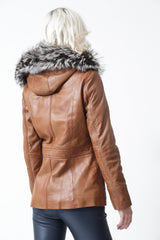 Damen Lederparka aus Lammnappa cognac abnehmbarer Kapuze und Pelzrand