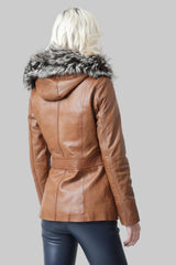 Damen Lederparka aus Lammnappa cognac abnehmbarer Kapuze und Pelzrand