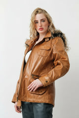 Damen Parka mit Kapuze in Lammnappa cognac vintage und Fellimitat