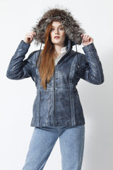 Kurzer Damen Lederparka blau vintage Look mit Kapuze und Silberfuchs