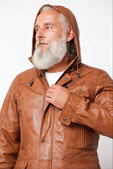 Herren Lederparka in Cognac Vintage Look aus Lammnappa mit Kapuze