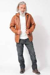 Herren Lederparka aus Lammnappa in Cognac Vintage Look mit Kapuze