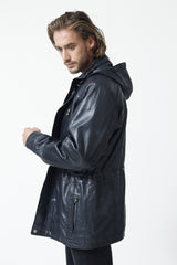 Herren Lederparka wattiert Blau aus Lammnappa mit abtrennbare Kapuze