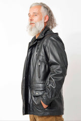 Herren Lederparka in schwarz aus Lammnappa mit Kapuze abtrennbar