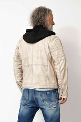 Herrenlederjacke Lammnappa Biker Style Offwhite Vintage Look mit Kapuze Hoodie