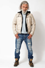 Herrenlederjacke Lammnappa Biker Style Offwhite Vintage Look mit Kapuze Hoodie