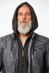 Herren Lammnappa Lederjacke Bikerstyle Blau Grau Vintage Look mit Kapuzenhoodie