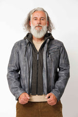 Herren Lammnappa Lederjacke Bikerstyle Blue Grey Vintage Look mit Kapuze