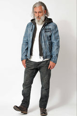 Herren Lammnappa Lederjacke Bikerstyle Ocean Blue Antik Look mit Kapuze