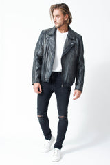 Sportliche Herren Biker Lederjacke in Lammnappa Grey vintage antik