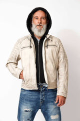 Helle Herren Lederjacke aus Lammnappa Biker Style mit Kapuze