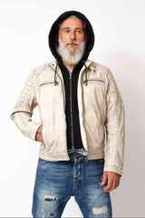 Helle Herren Lederjacke aus Lammnappa Biker Style mit Kapuze