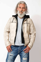 Herren Lederjacke Lammnappa Biker Style Offwhite Vintage Look mit Kapuze