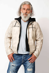 Herren Lederjacke Lammnappa Biker Style Offwhite Vintage Look mit Kapuze