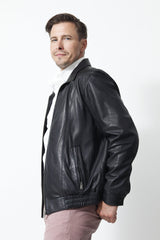 dünner Herren Leder Blouson, Lammnappa schwarz, Reißverschluss hochschließbar, College Jacke