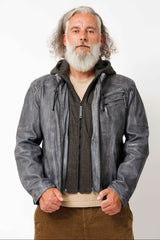 Herren Lammnappa Lederjacke Bikerstyle Blue Grey Vintage Look mit Kapuze