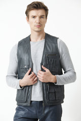 Herren Freizeit Lederweste aus Lammnappa in anthrazit mit viele Taschen