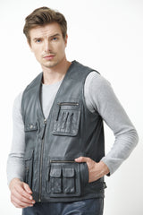 Herren Freizeit Lederweste aus Lammnappa in anthrazit mit viele Taschen