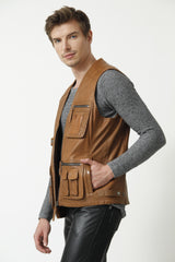 Leder Freizeit Weste aus Lammnappa washed cognac mit viele Taschen