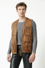 Leder Freizeit Weste aus Lammnappa in cognac mit viele Taschen
