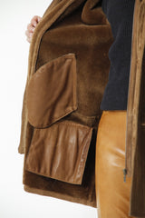 Herren Lammfelljacke Merino mit doppelkragen in Pelzvelour Toupe mit Reißverschluss