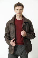 Herren Lederblouson in Braun antik geschliffenes Lammleder Frontverschluss hochschließbar