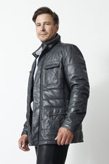 Lange Herren Stepplederjacke aus Lammnappa wattiert in anthrazit vintage Look