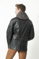 Halblange braune Herren Lederjacke in Lammnappa in Sakkoform