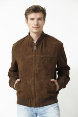 Herren Lederblouson aus Ziegenverlour in Braun mit Strickbündchen und Brusttasche