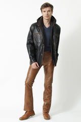 Braune Lederjacke in Sakkoform sportlich mit Kapuzenteil