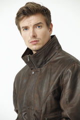 Herren Lederblouson in Braun antik geschliffenes Lammleder Frontverschluss hochschließbar